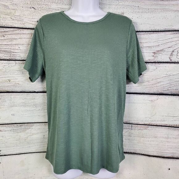Old Navy Luxe Women’s L Green Short Sleeve Ribbed Top Soft Stretchy Casual - Picture 1 of 7